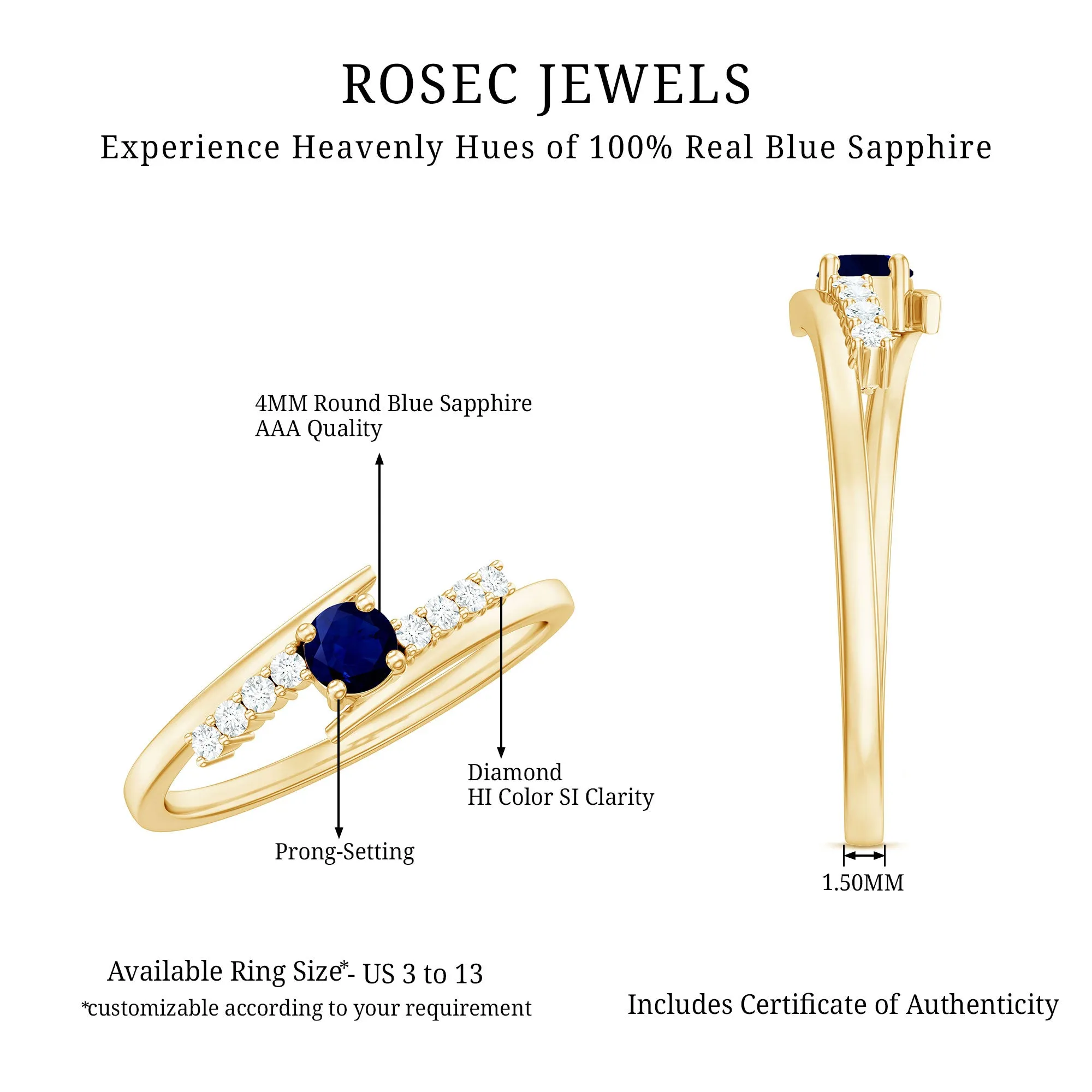 Minimal Round Blue Sapphire and Diamond Bypass Promise Ring