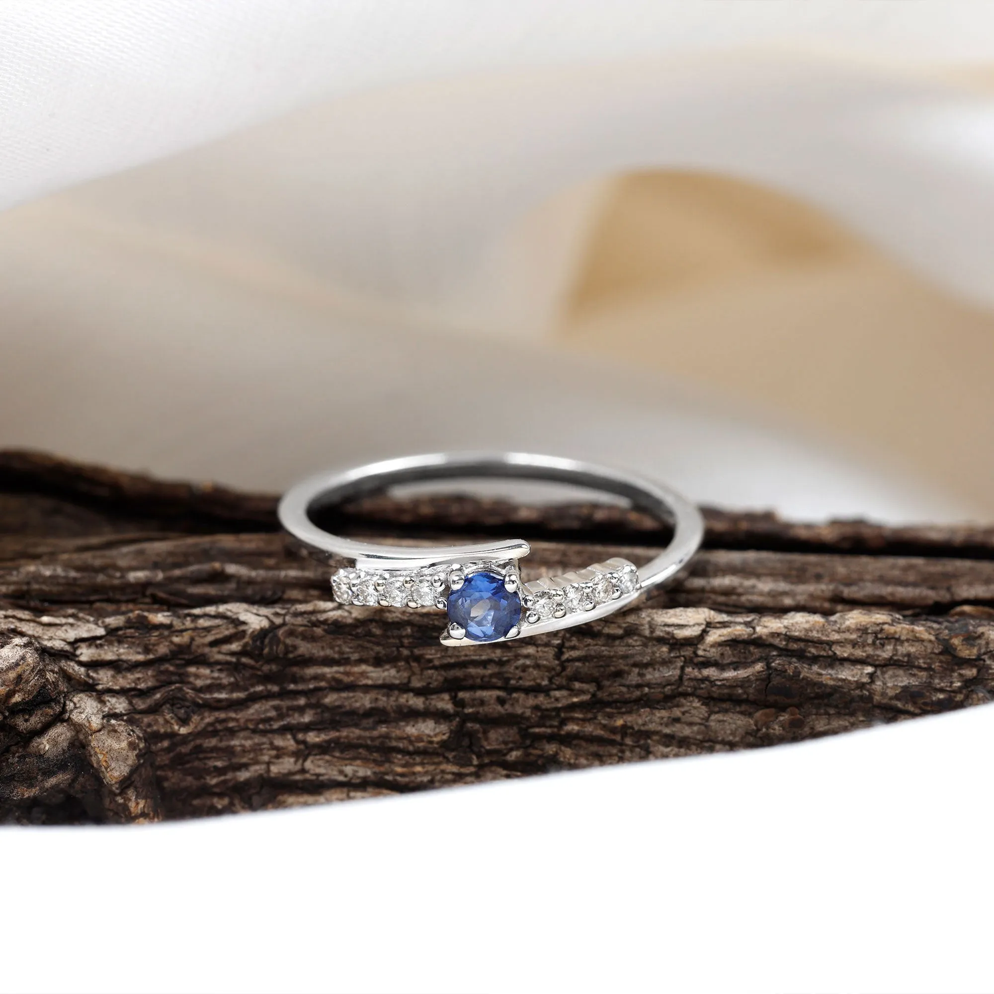 Minimal Round Blue Sapphire and Diamond Bypass Promise Ring