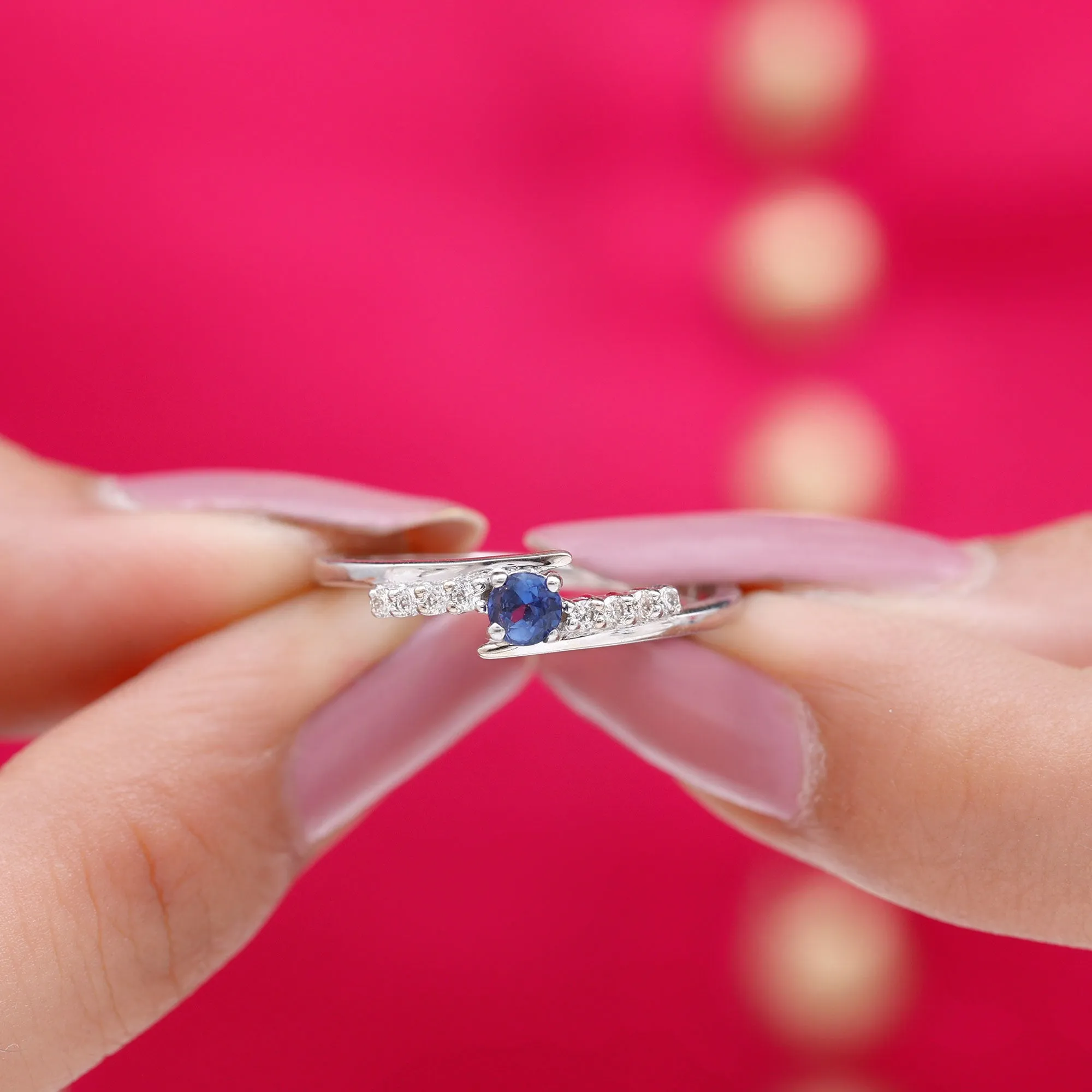 Minimal Round Blue Sapphire and Diamond Bypass Promise Ring