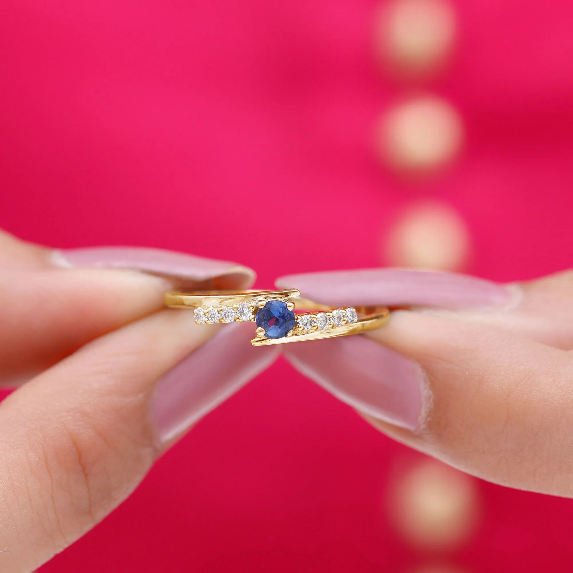Minimal Round Blue Sapphire and Diamond Bypass Promise Ring