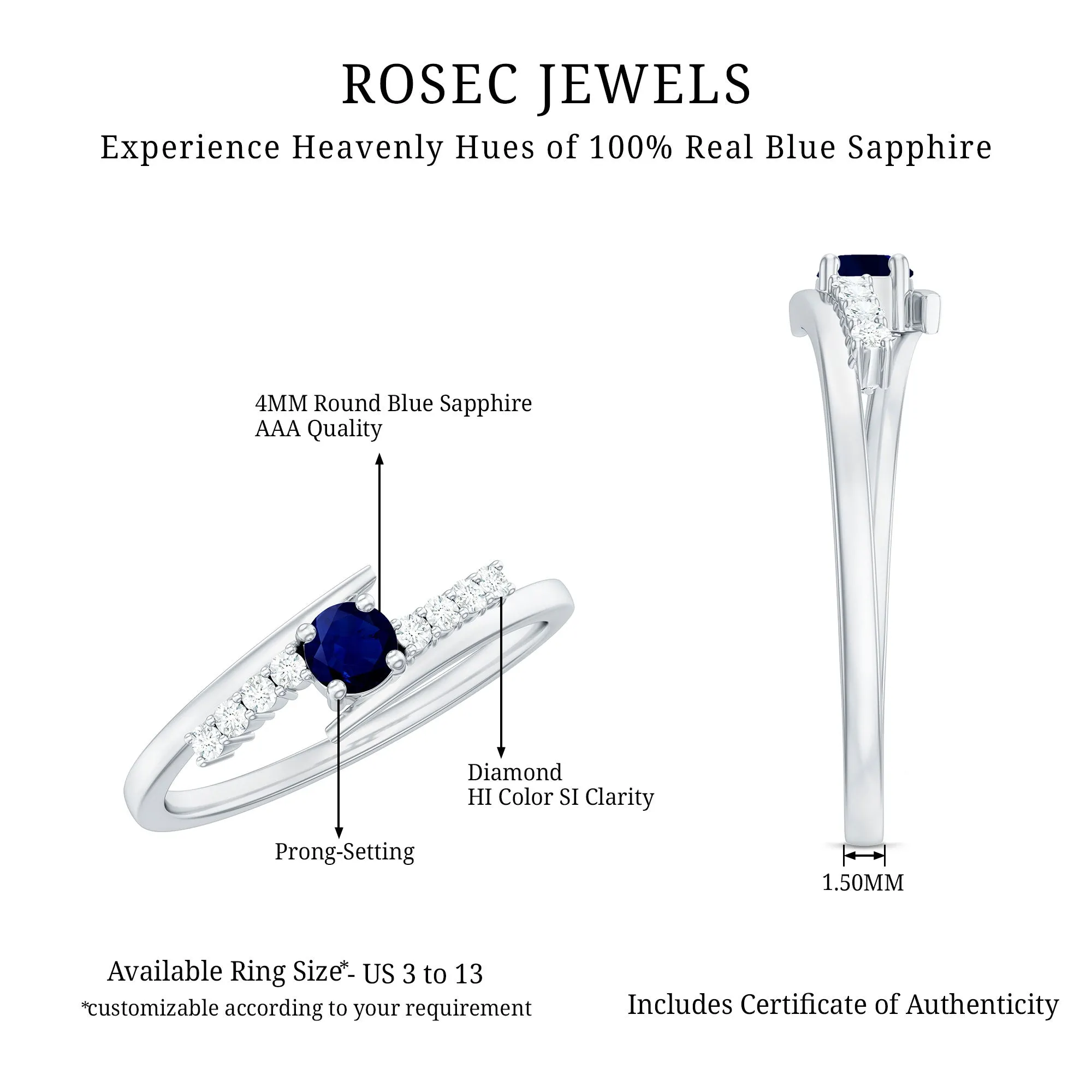 Minimal Round Blue Sapphire and Diamond Bypass Promise Ring