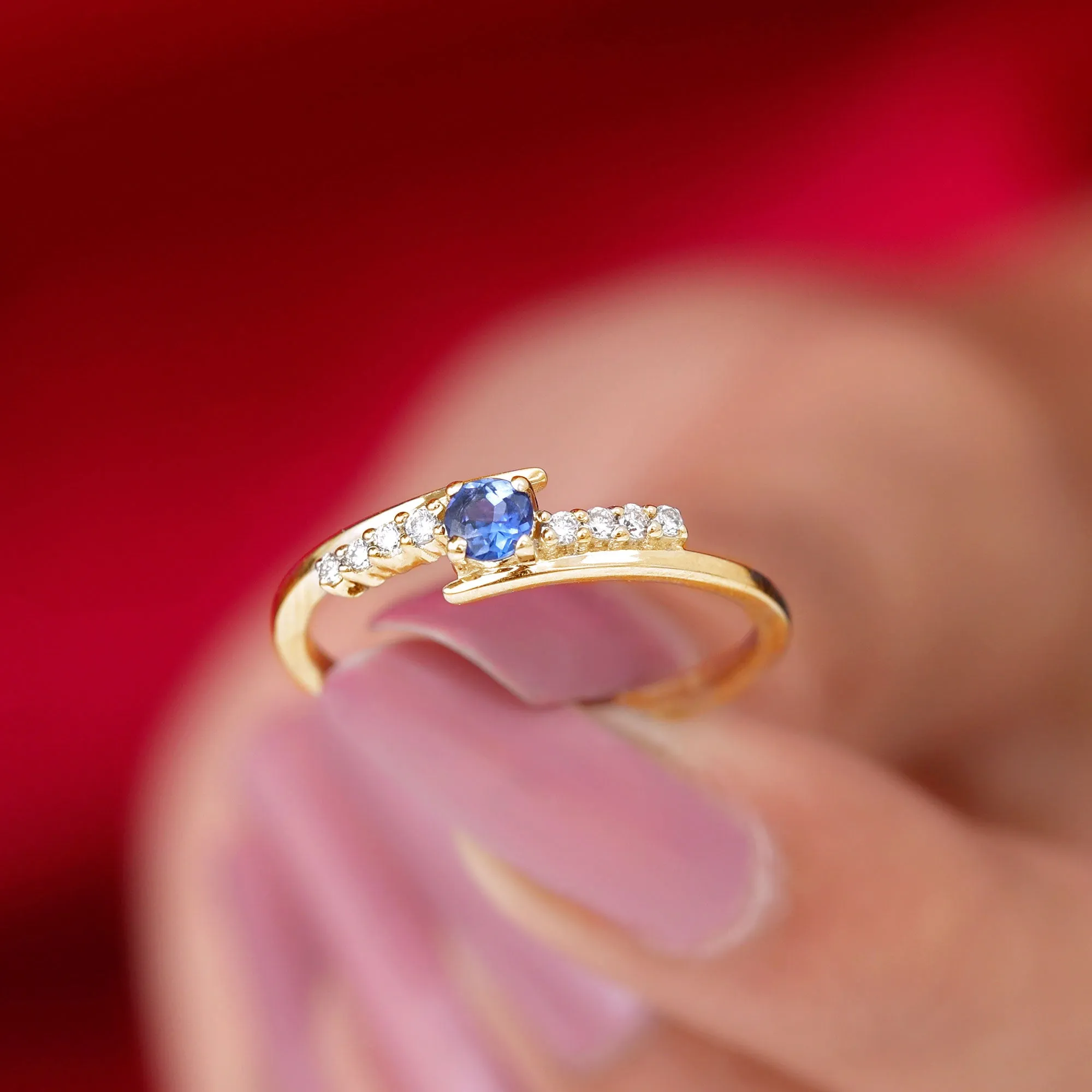 Minimal Round Blue Sapphire and Diamond Bypass Promise Ring