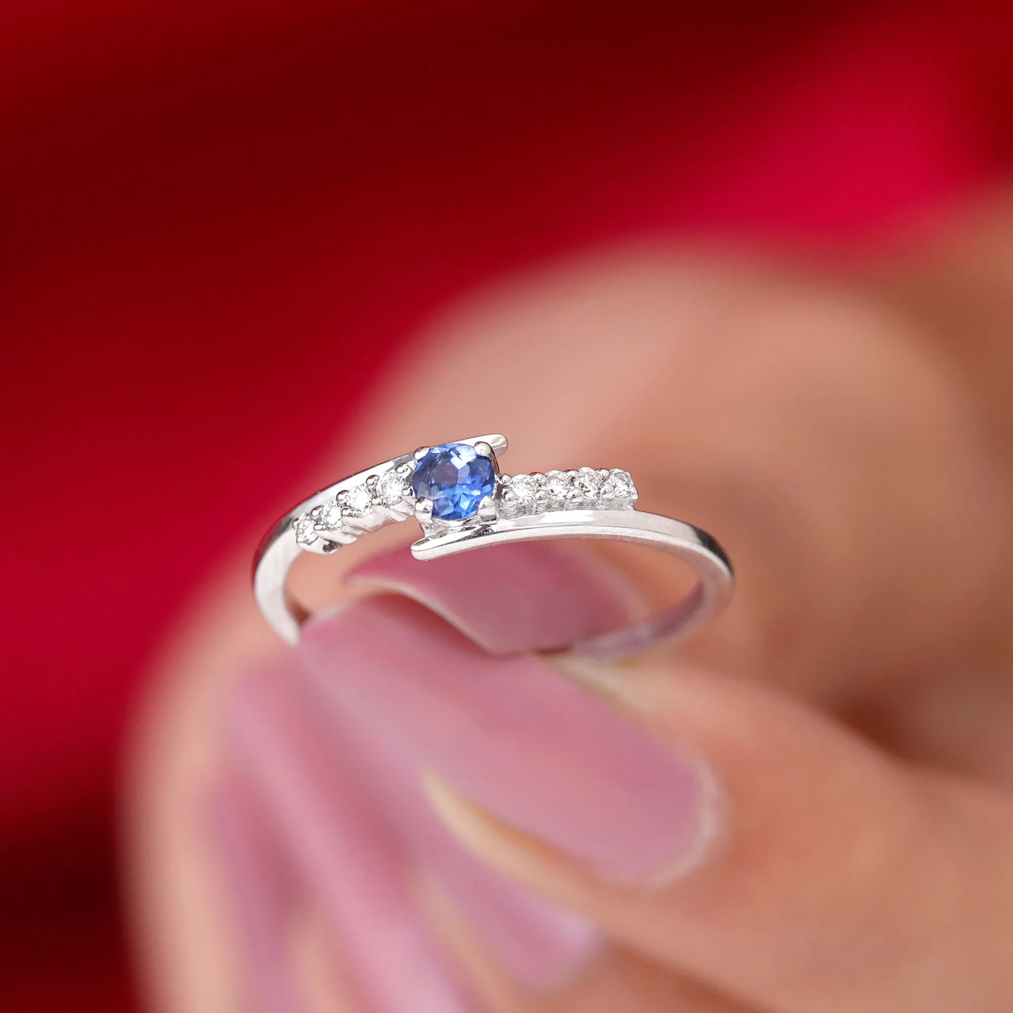Minimal Round Blue Sapphire and Diamond Bypass Promise Ring