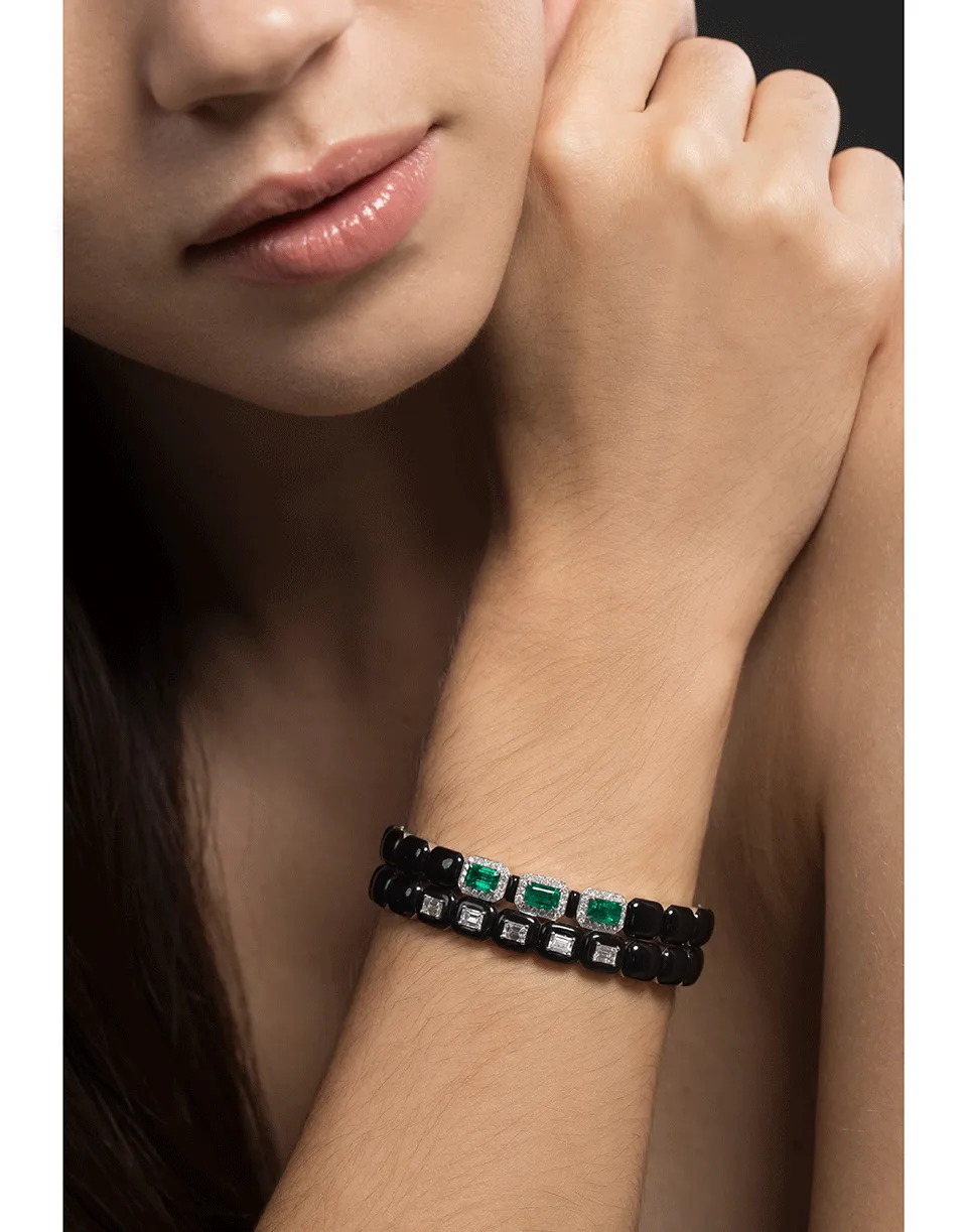 Oui Emerald Cut Diamond and Black Enamel Cuff