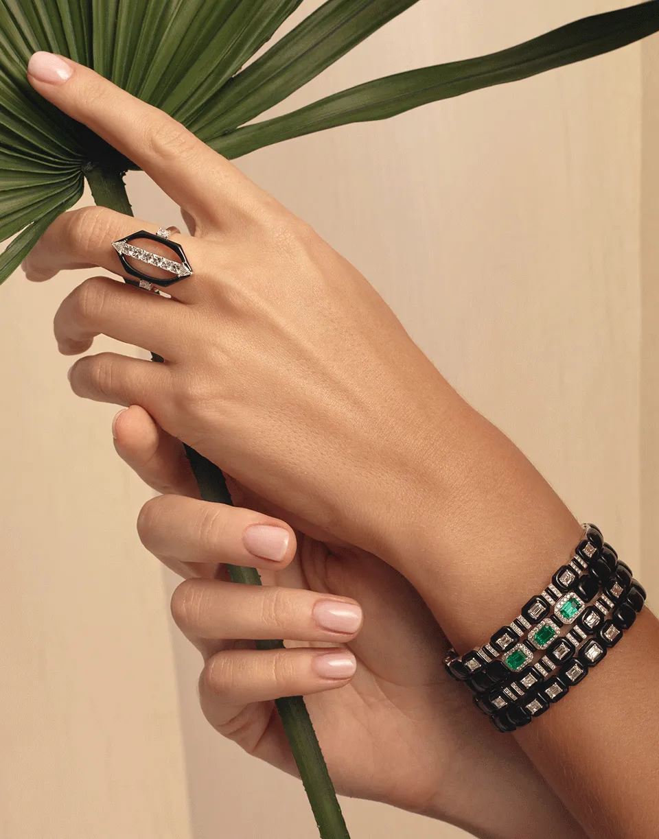 Oui Emerald Cut Diamond and Black Enamel Cuff