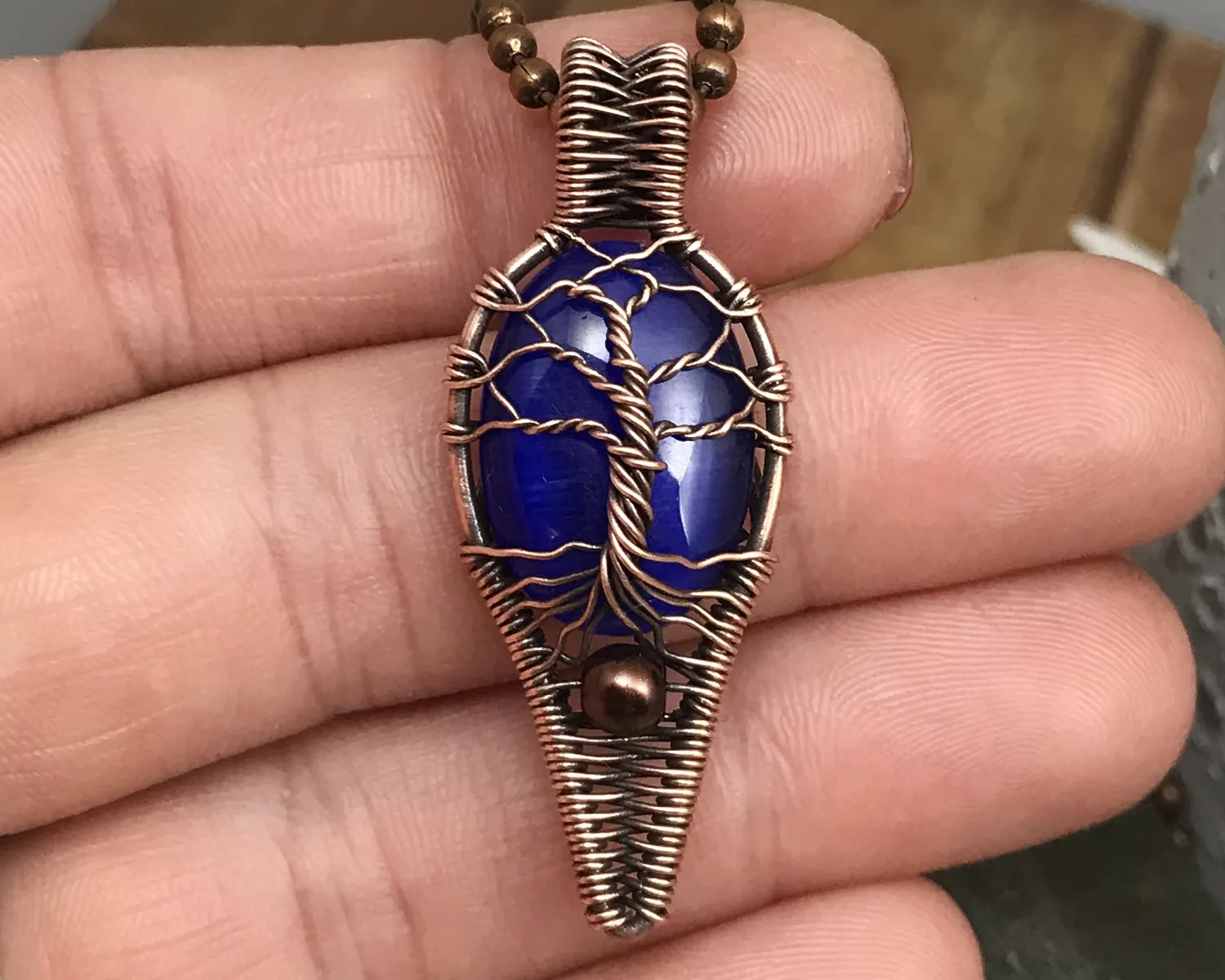 Oxidized Copper Wire Woven Fiber Optic Glass Tree Of Life Artisan Pendant Necklace
