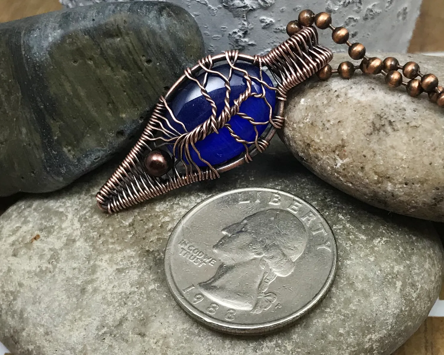 Oxidized Copper Wire Woven Fiber Optic Glass Tree Of Life Artisan Pendant Necklace