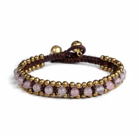 Pink Rose Quartz Beads and Brass Bells Boho Bracelet
