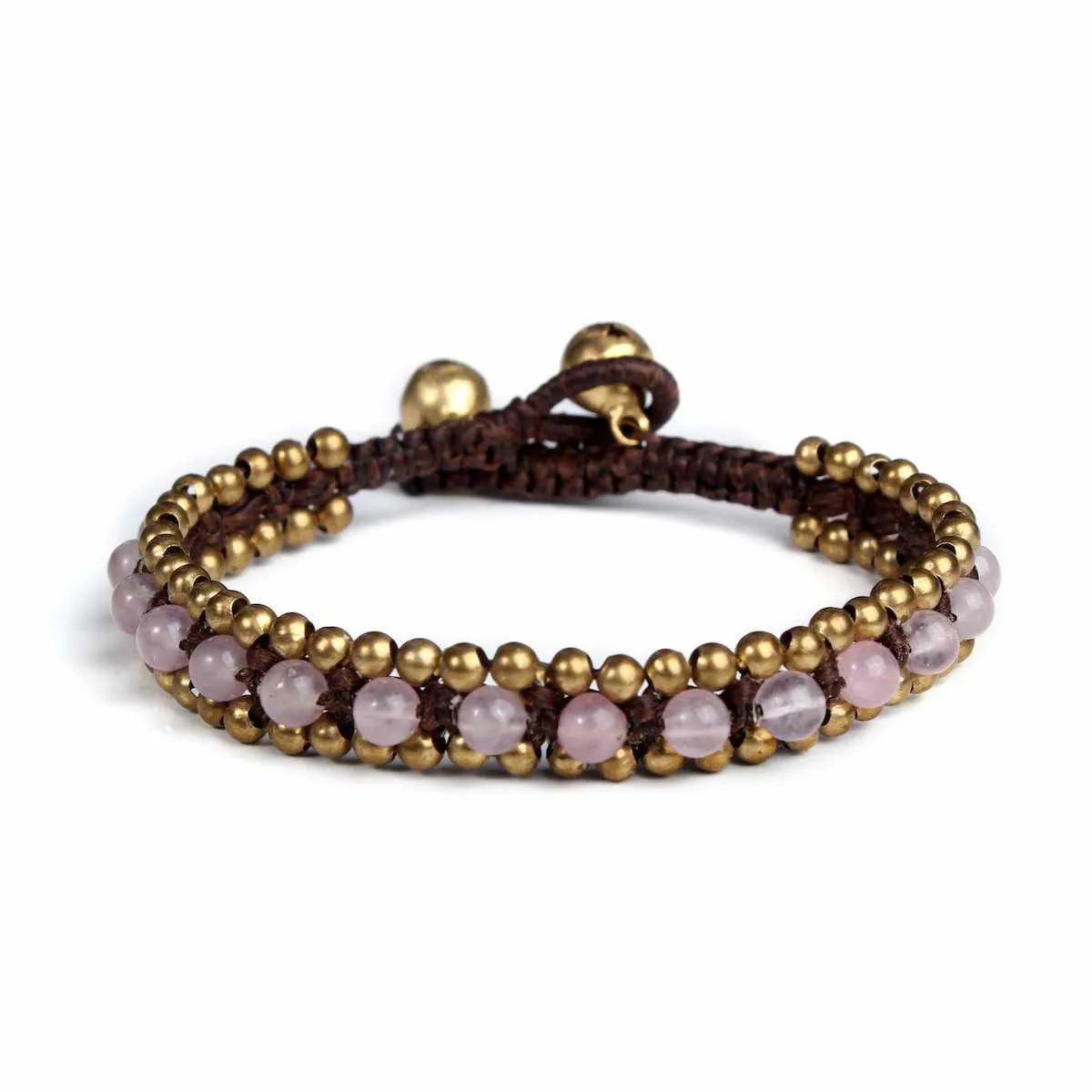 Pink Rose Quartz Beads and Brass Bells Boho Bracelet