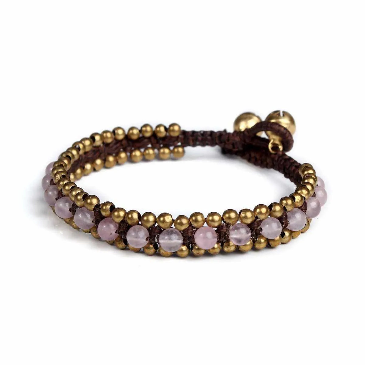 Pink Rose Quartz Beads and Brass Bells Boho Bracelet