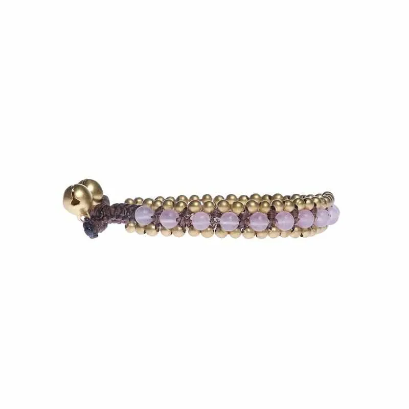Pink Rose Quartz Beads and Brass Bells Boho Bracelet