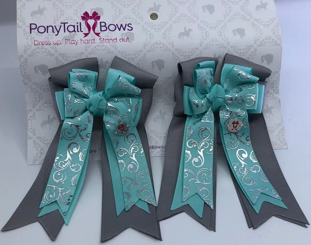 PonyTail Bows- Aqua Scroll