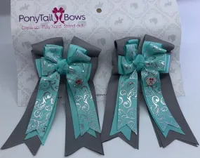 PonyTail Bows- Aqua Scroll