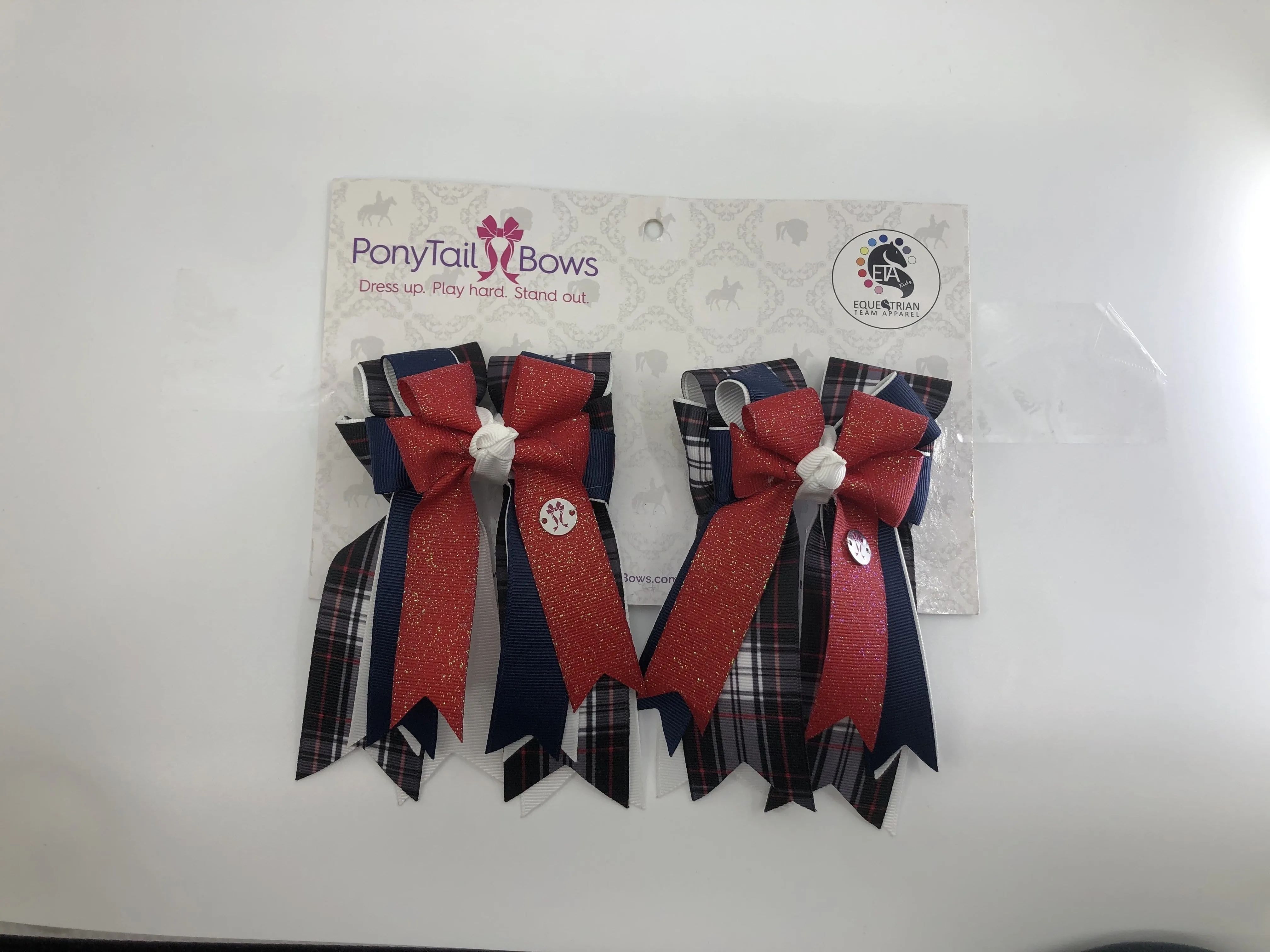 PonyTail Bows- Black Plaid/Red Topper