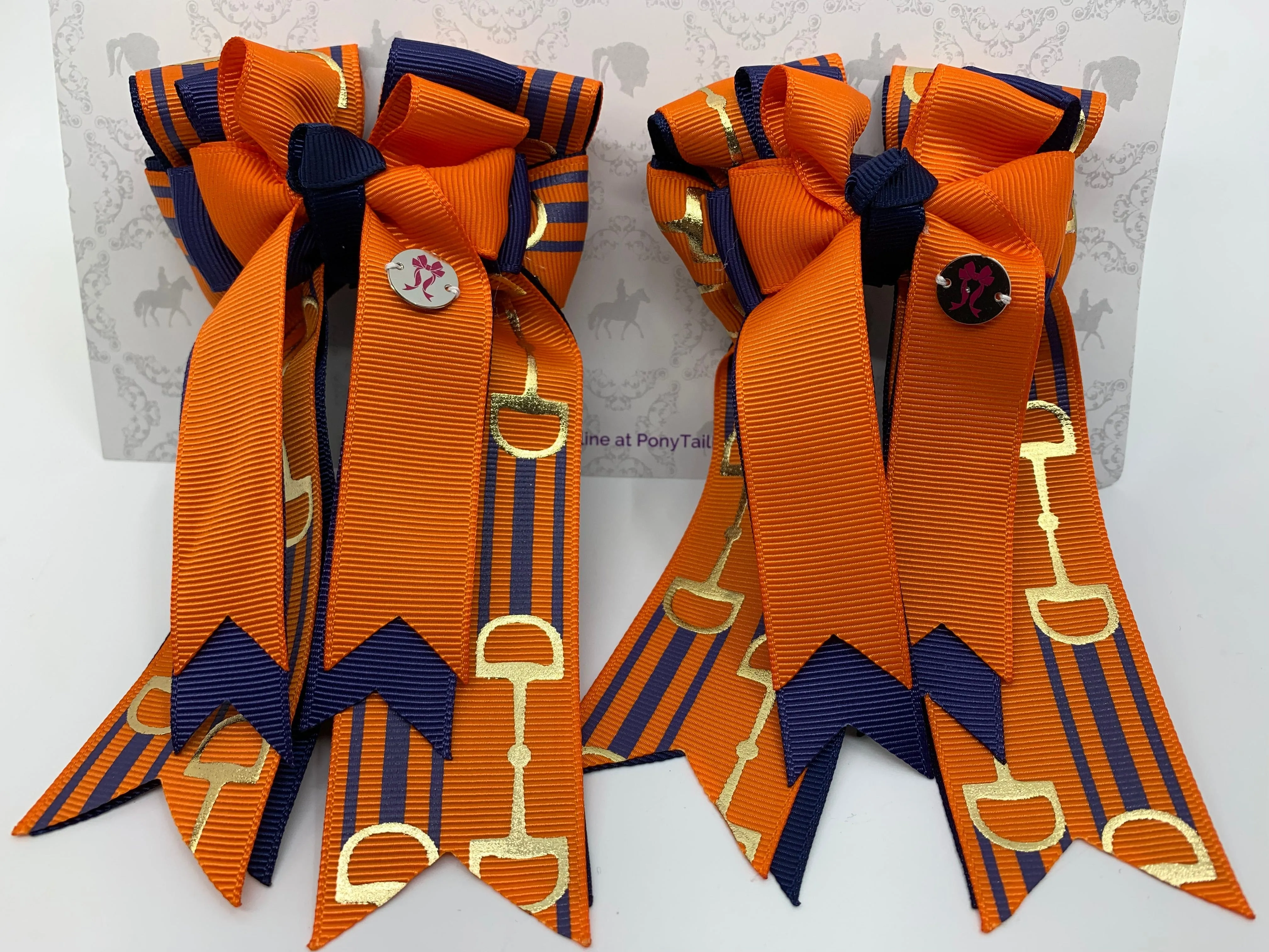PonyTail Bows- Orange Crush with Navy Bits