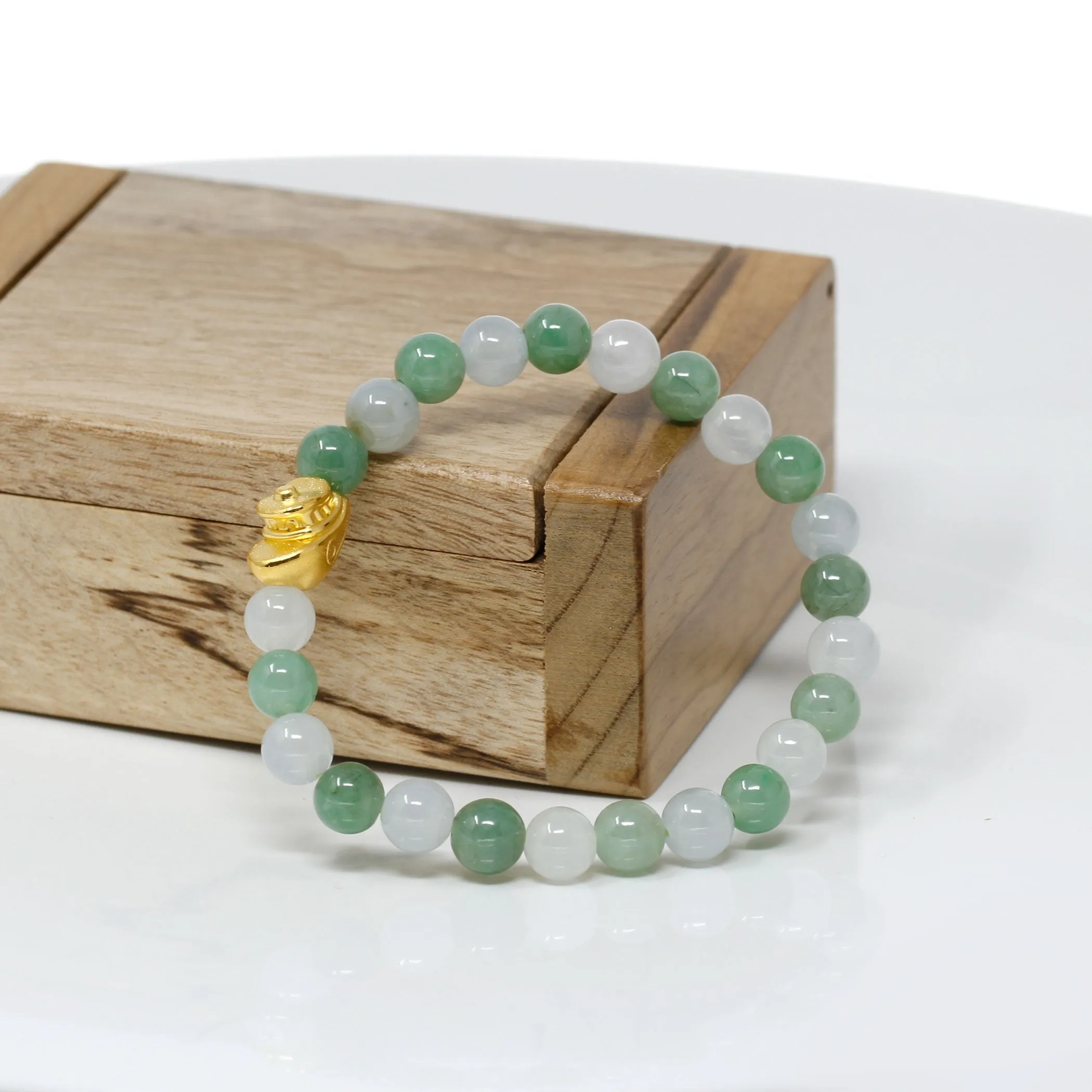 RealJade® "Lucky Boat"  Genuine High-quality Jade Jadeite Bracelet Bangle with 24k Yellow Gold Boat Charm #415