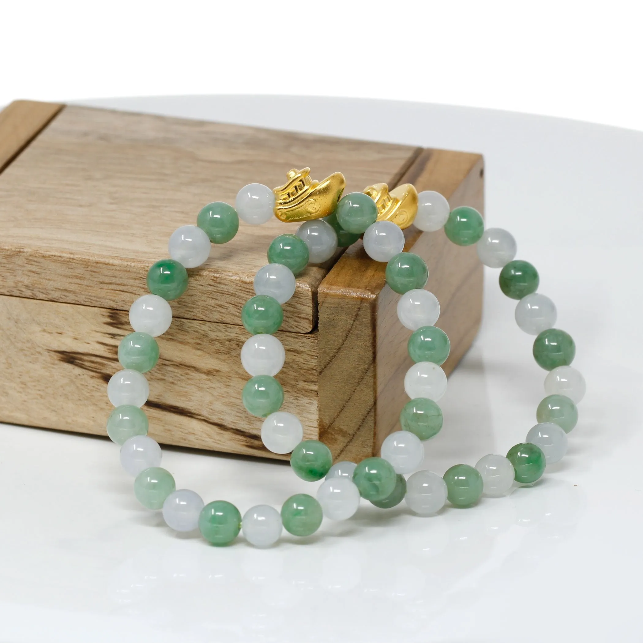 RealJade® "Lucky Boat"  Genuine High-quality Jade Jadeite Bracelet Bangle with 24k Yellow Gold Boat Charm #415