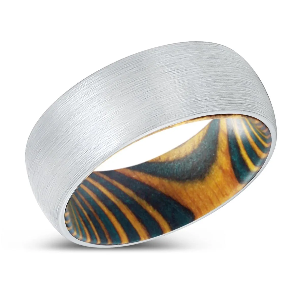 REFLECTION | Green & Yellow Wood, White Tungsten Ring, Brushed, Domed