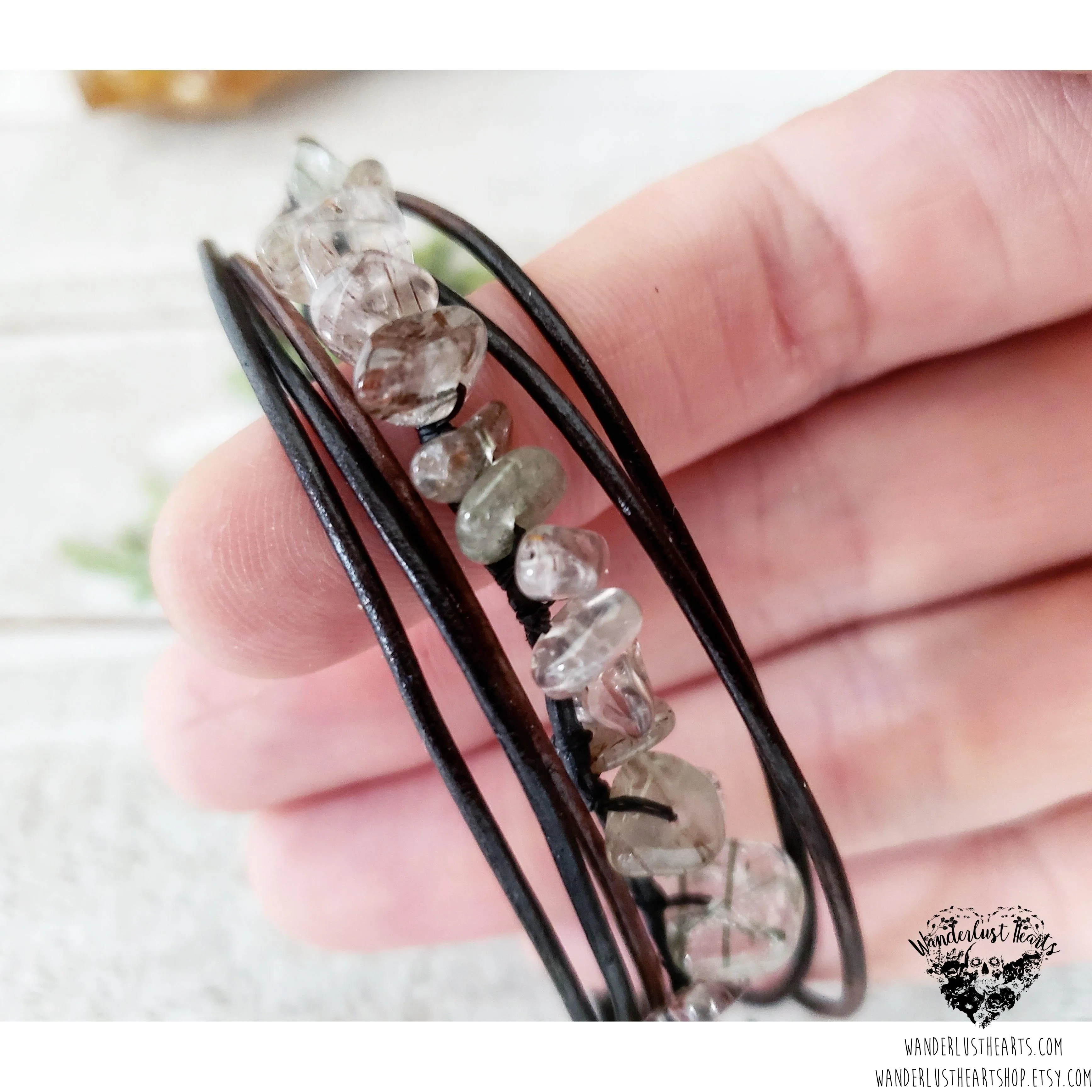 Rutilated quartz leather bracelet
