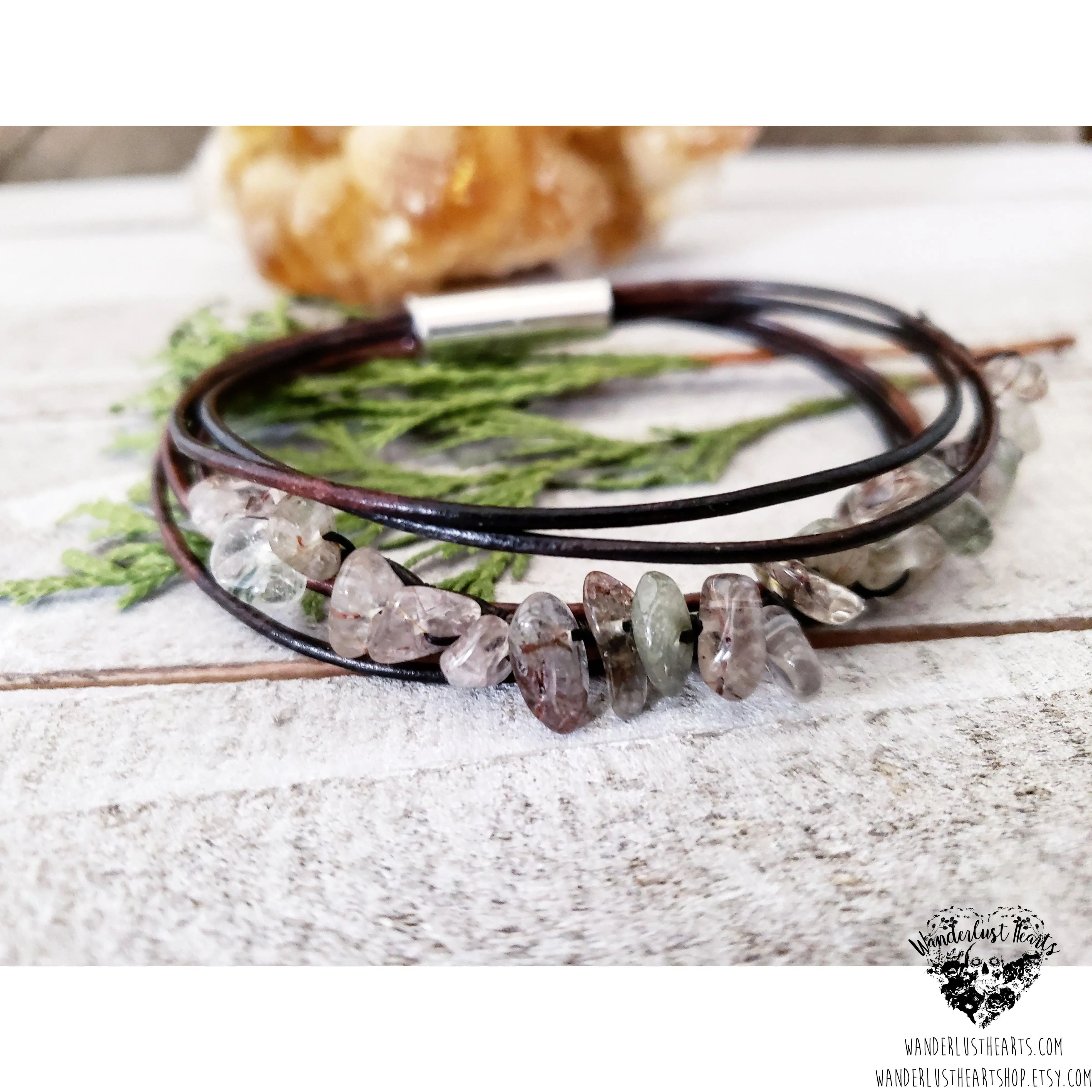 Rutilated quartz leather bracelet