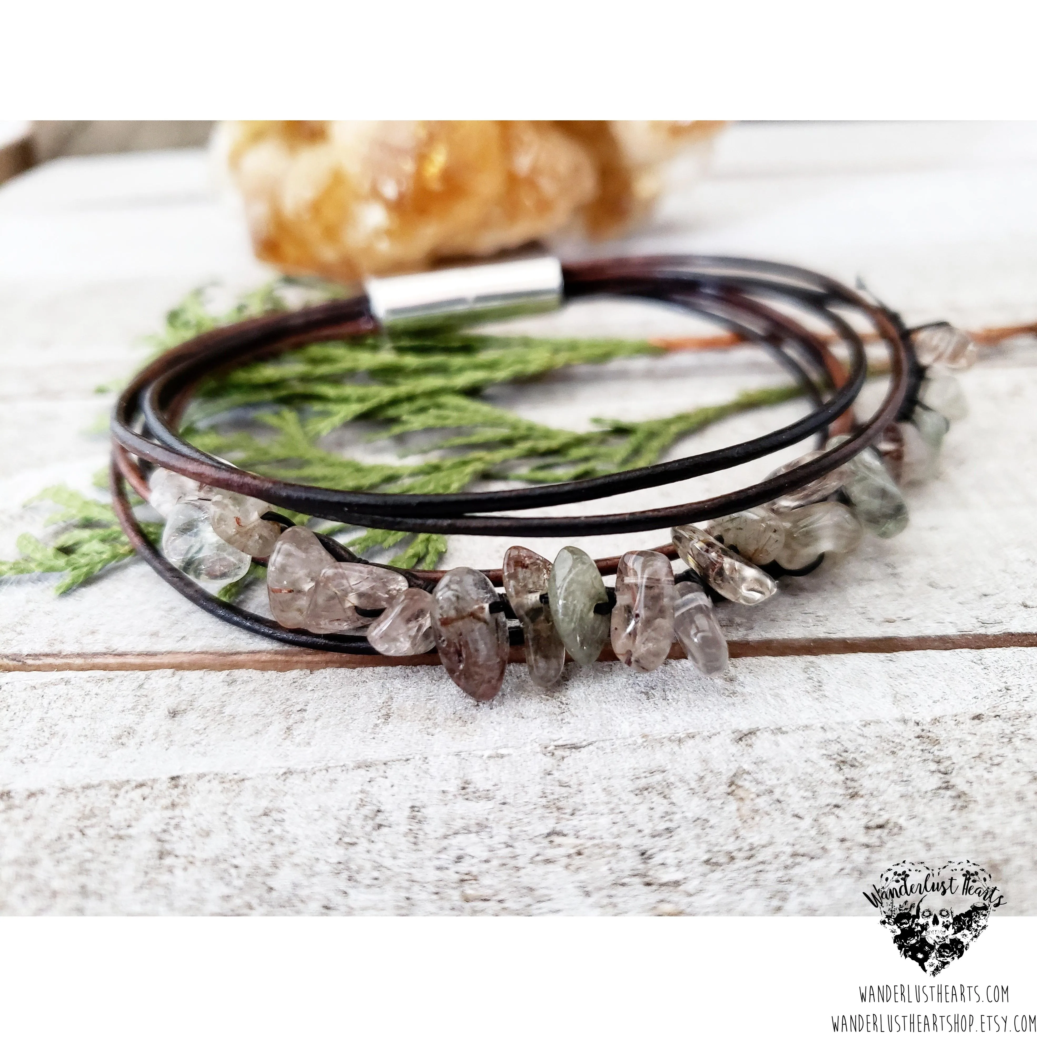 Rutilated quartz leather bracelet
