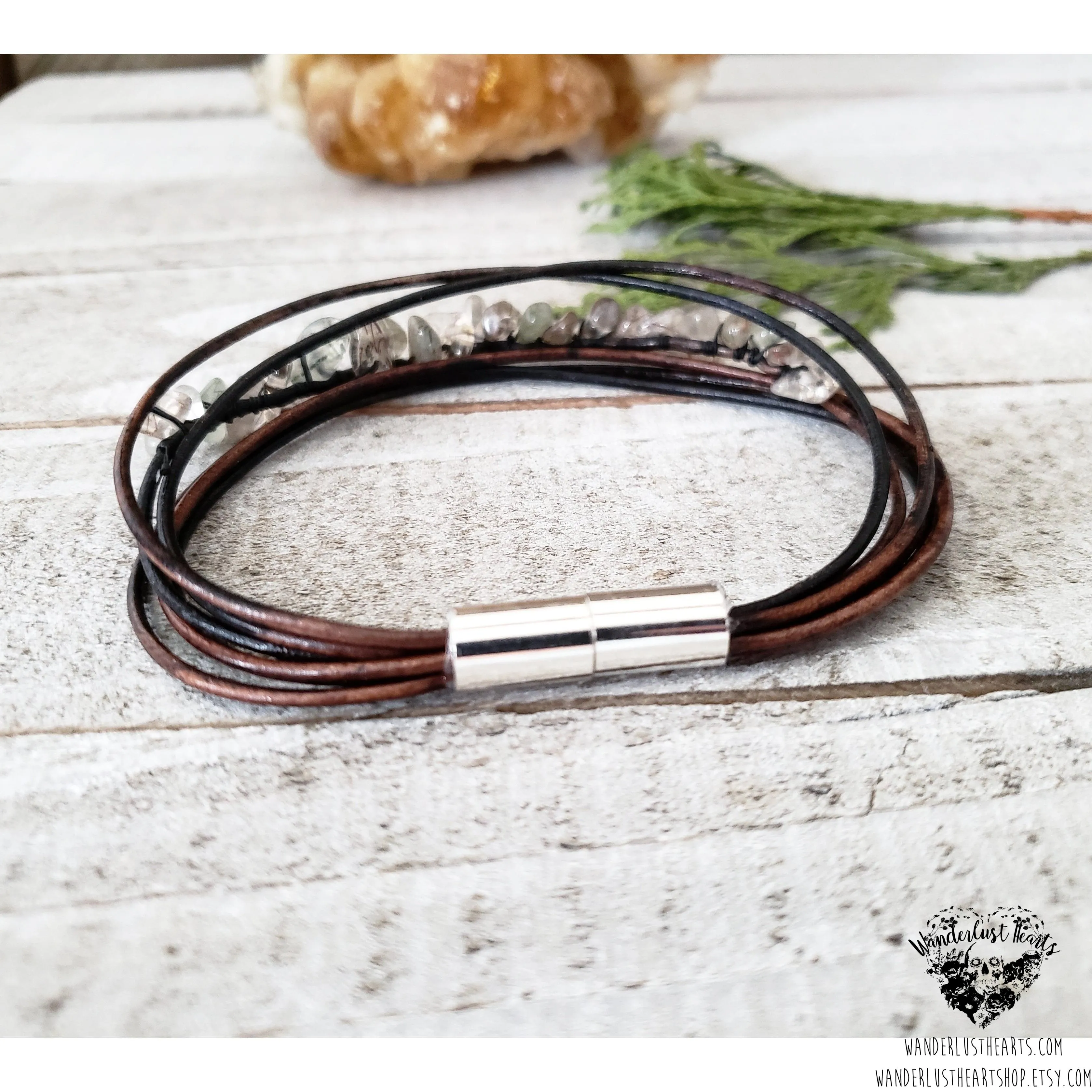 Rutilated quartz leather bracelet