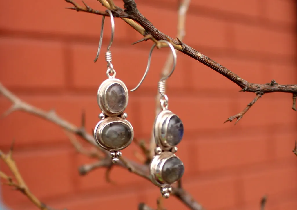 Shinning Labradorite Silver Sterling Double Drop Earrings