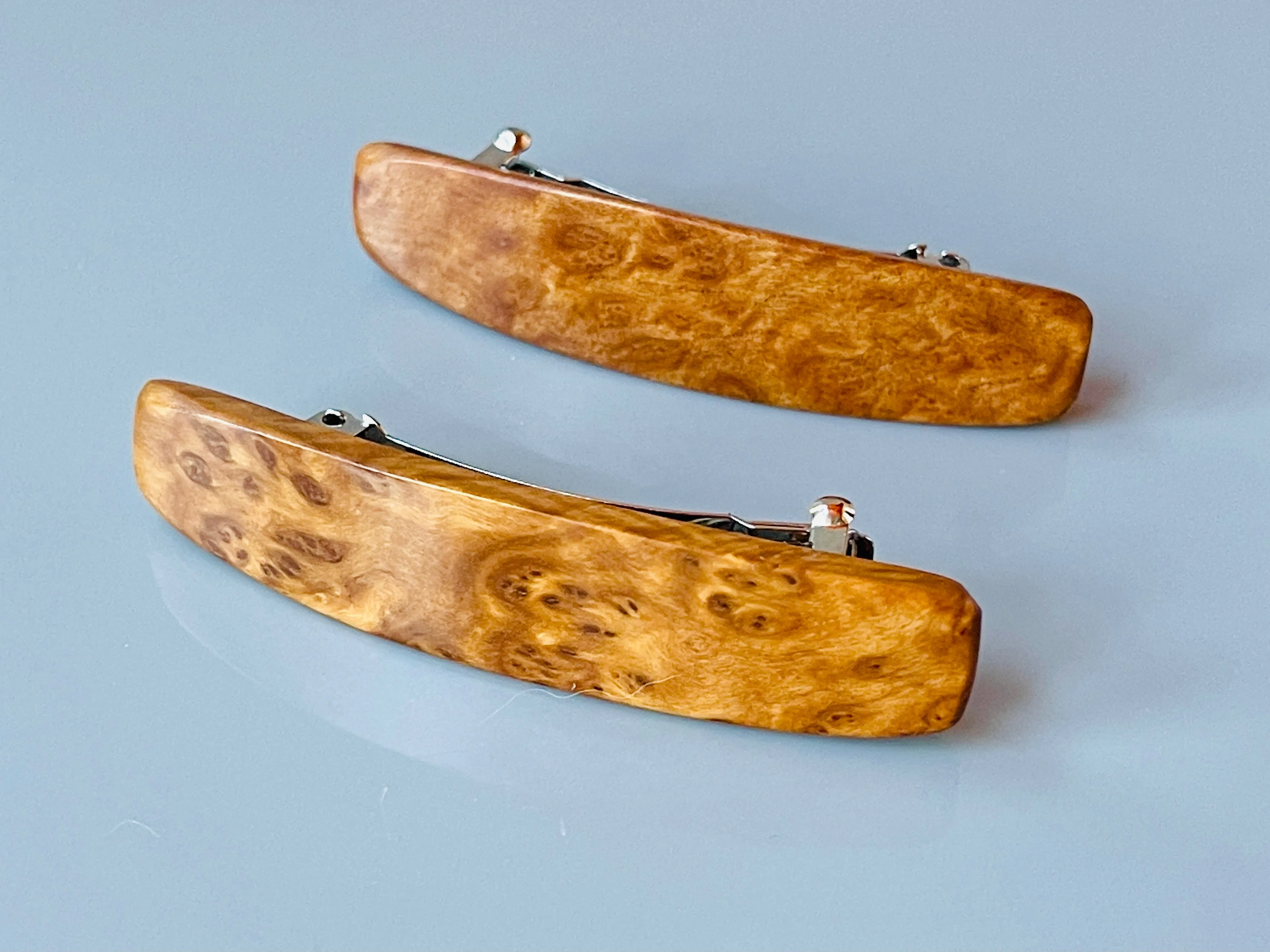 Small Mallee Burl wooden barrettes, light wood hair clips for fine hair