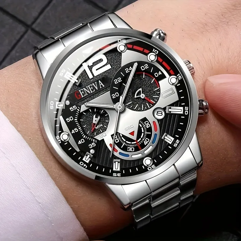 Stylish Mens Quartz Watch  Stainless Steel Bracelet Set Perfect Gift
