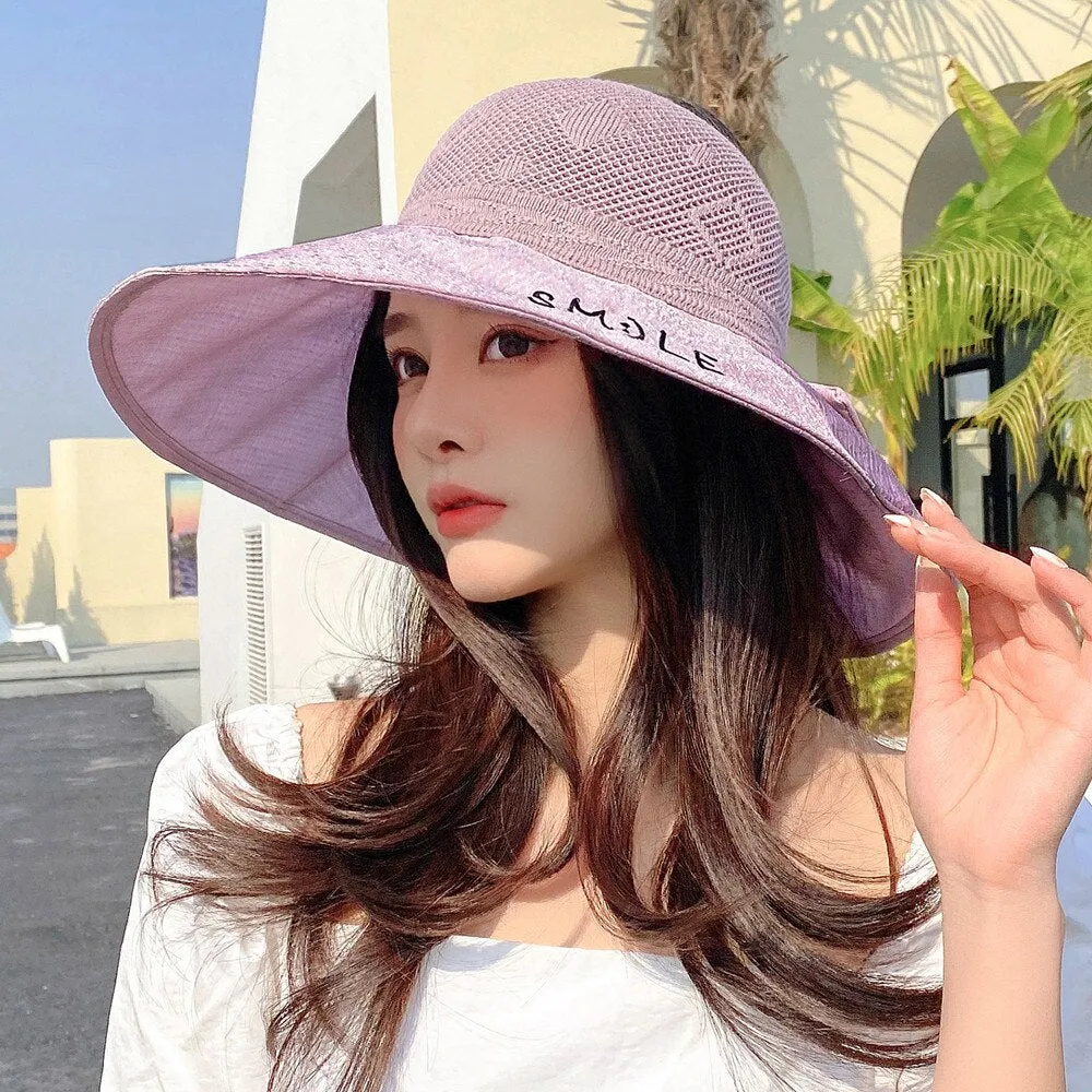 Summer Hats For Women Smile Letter Fashion Hollow Straw Hat Empty Top Bow Design Sun Hat Travel Beach Sun Cap
