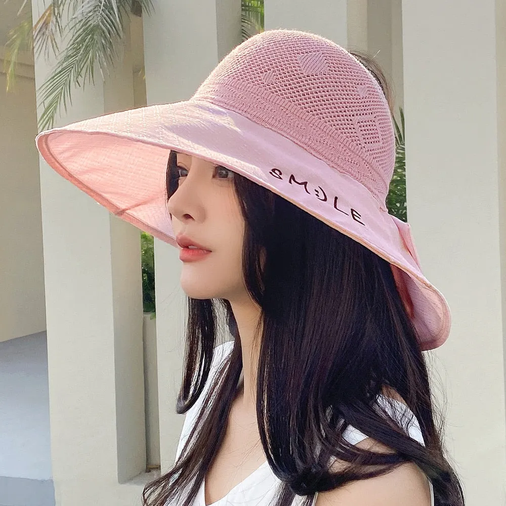 Summer Hats For Women Smile Letter Fashion Hollow Straw Hat Empty Top Bow Design Sun Hat Travel Beach Sun Cap