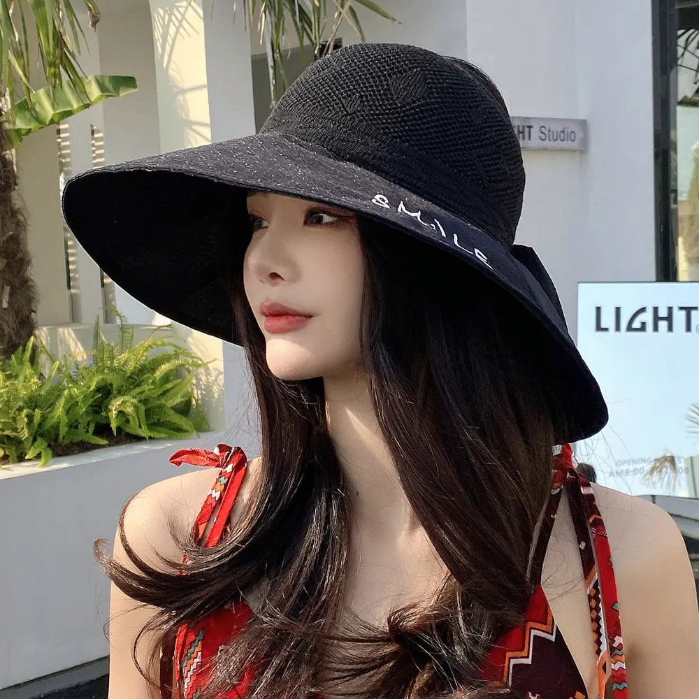Summer Hats For Women Smile Letter Fashion Hollow Straw Hat Empty Top Bow Design Sun Hat Travel Beach Sun Cap