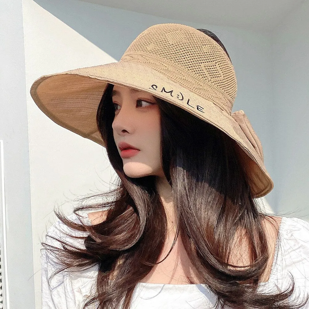 Summer Hats For Women Smile Letter Fashion Hollow Straw Hat Empty Top Bow Design Sun Hat Travel Beach Sun Cap