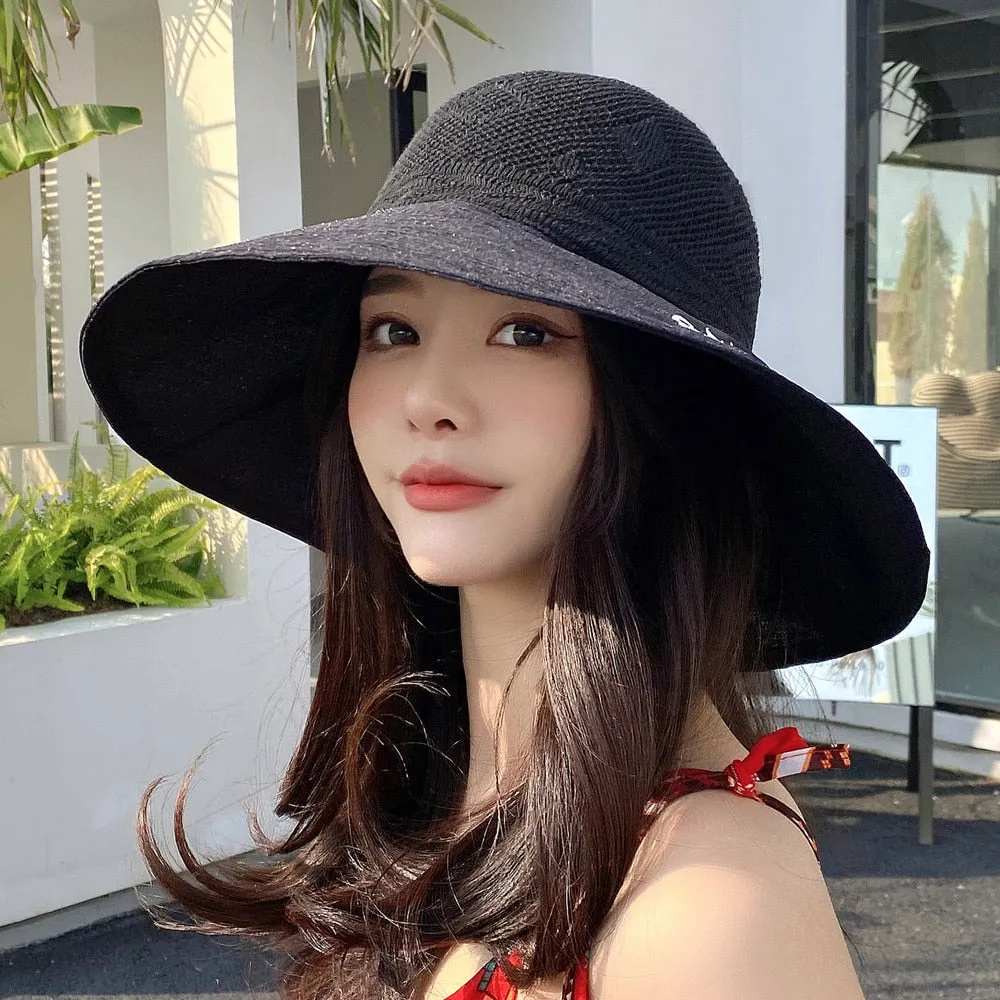 Summer Hats For Women Smile Letter Fashion Hollow Straw Hat Empty Top Bow Design Sun Hat Travel Beach Sun Cap