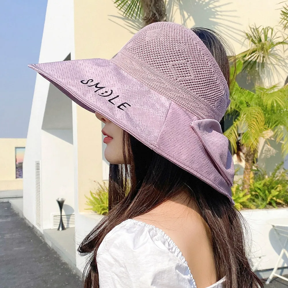 Summer Hats For Women Smile Letter Fashion Hollow Straw Hat Empty Top Bow Design Sun Hat Travel Beach Sun Cap