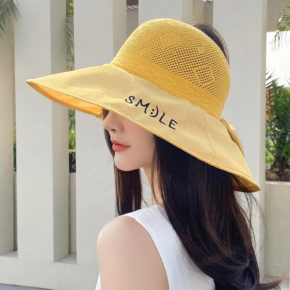 Summer Hats For Women Smile Letter Fashion Hollow Straw Hat Empty Top Bow Design Sun Hat Travel Beach Sun Cap