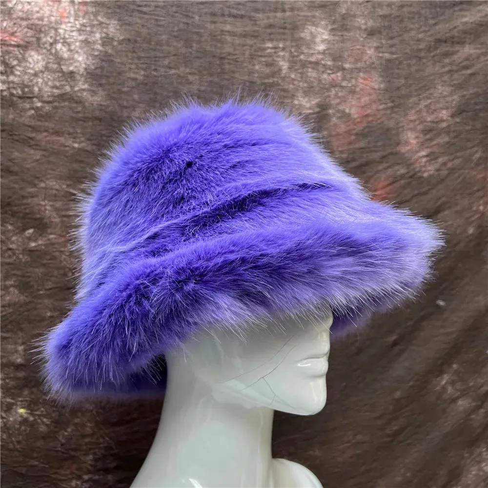 TAVIMART  -  Bucket hat Purple winter new candy color faux fur Y2k warm plush basin hat Unisex Bucket hat hat hats for women