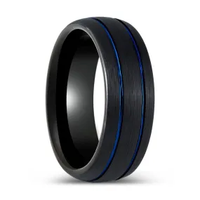 THEODORE | Black Tungsten Ring Two Blue Grooves