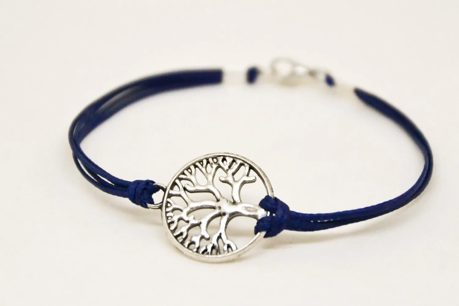 Tree of life men's bracelet, blue cord, Yoga gift for him, silver circle charm