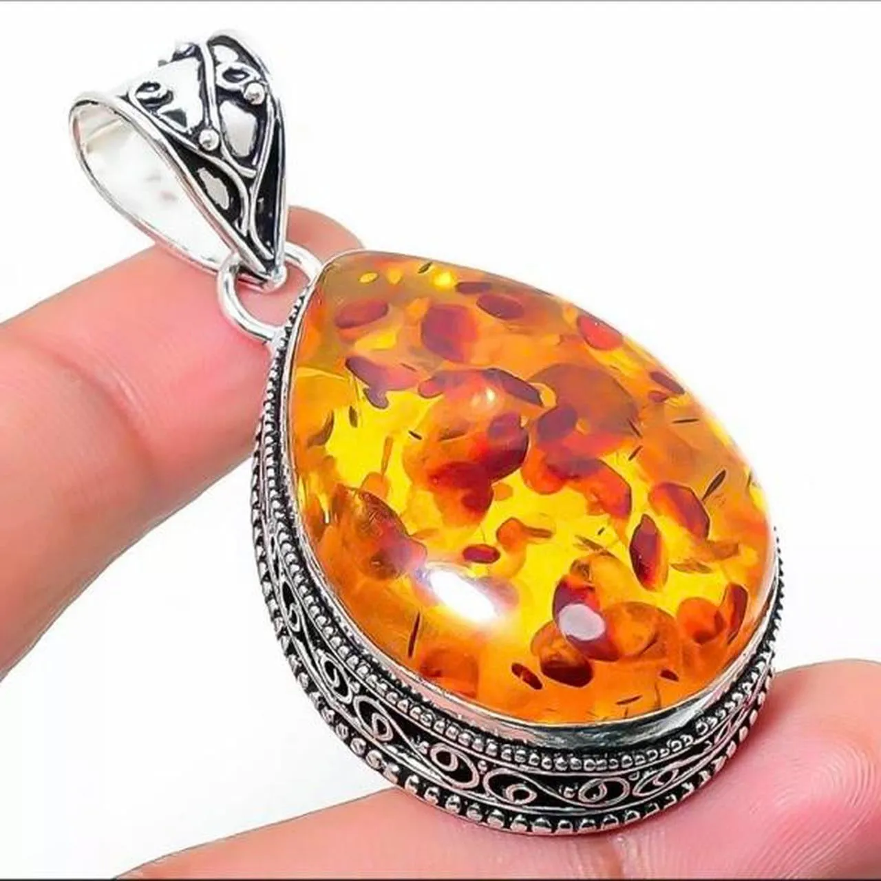 Vintage Design Baltic Amber Gemstone 925 Sterling Silver Jewellery Pendant Gift for Her