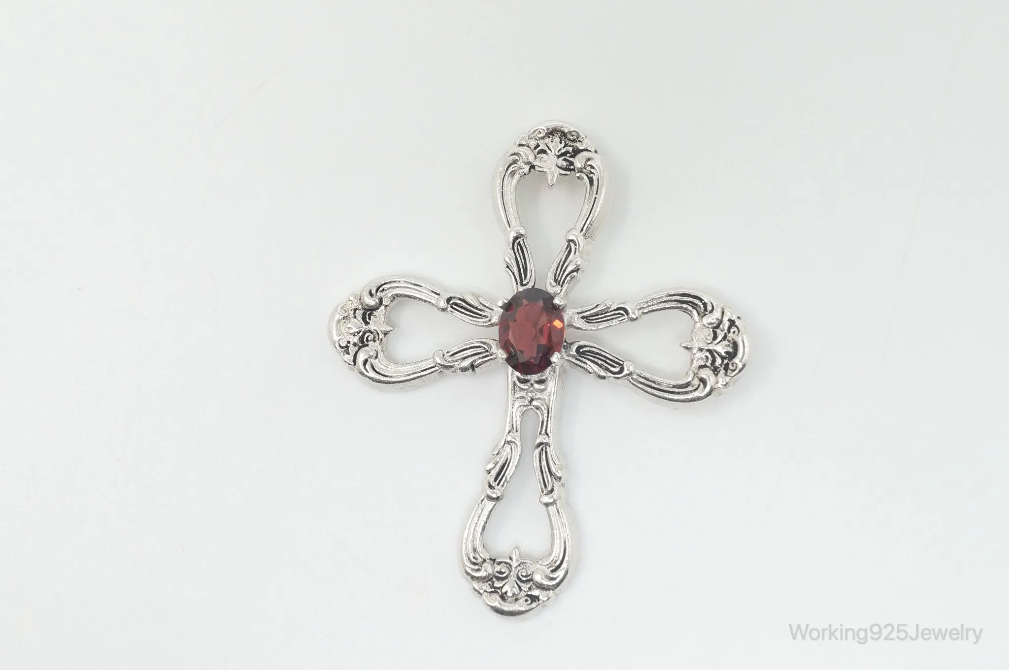 Vintage Designer Gorham Garnet Ornate Sterling Silver Cross Necklace Pendant