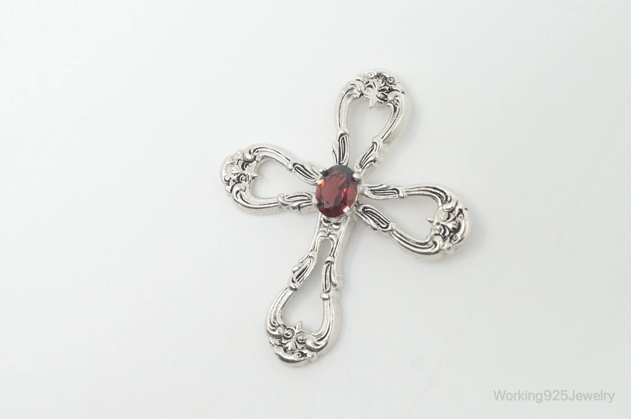 Vintage Designer Gorham Garnet Ornate Sterling Silver Cross Necklace Pendant