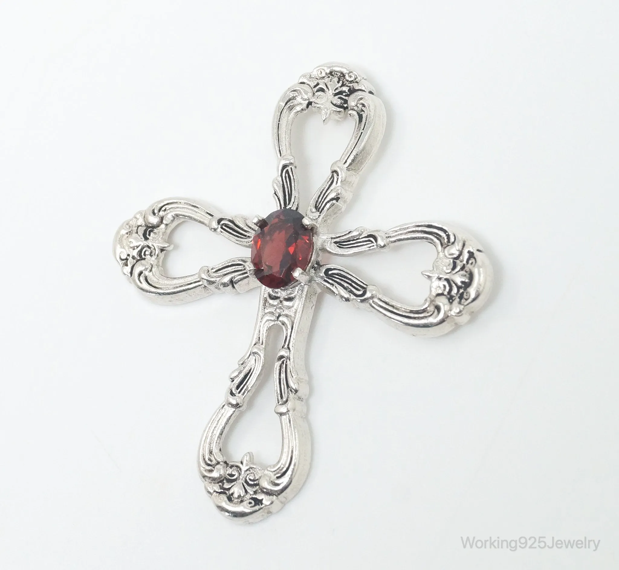 Vintage Designer Gorham Garnet Ornate Sterling Silver Cross Necklace Pendant