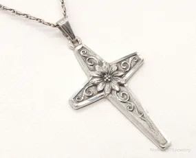 Vintage Designer M De Jean Flower Cross Sterling Silver Necklace