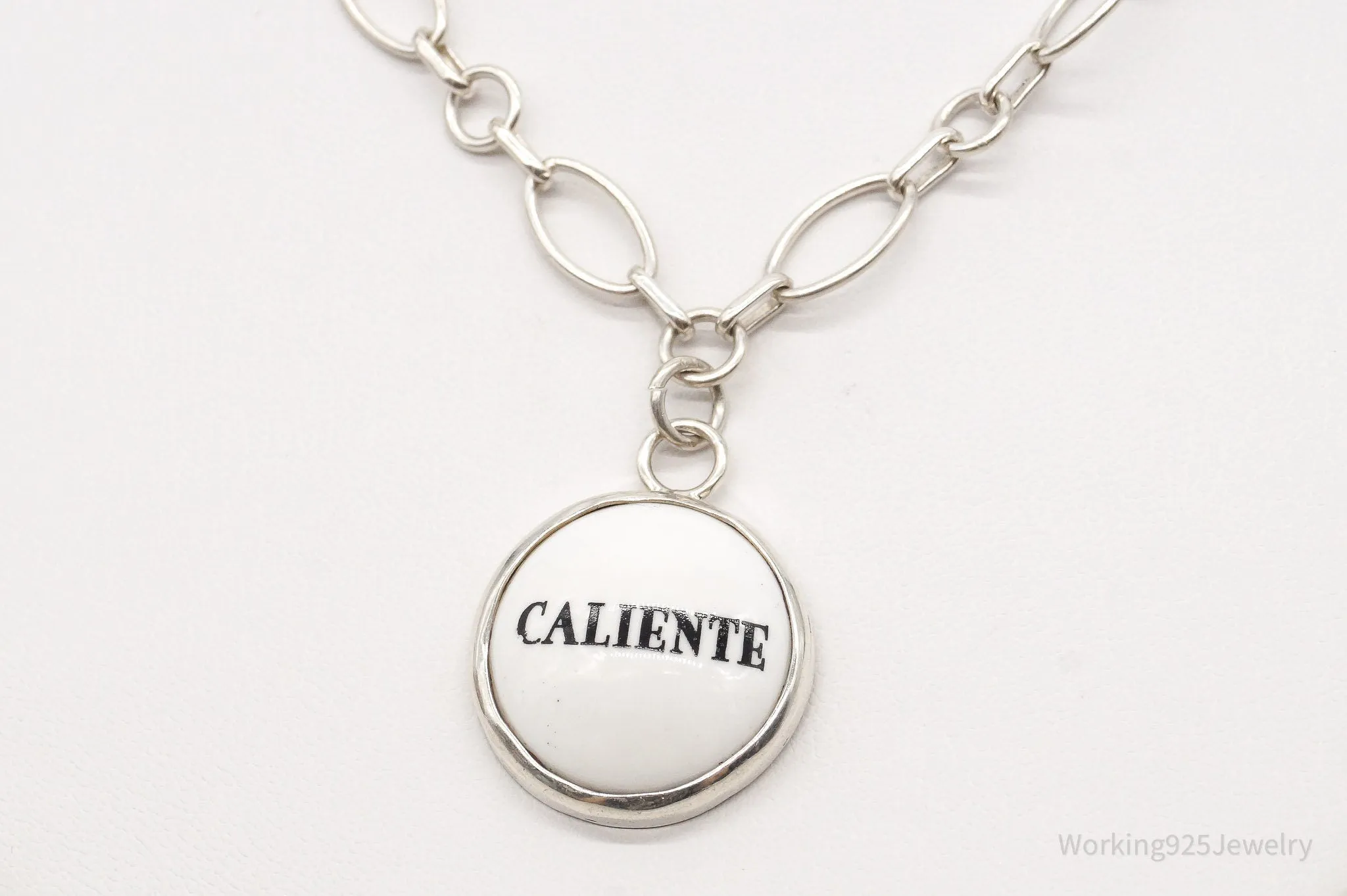 Vintage "Caliente" Porcelain Pendant Chainlink Sterling Silver Necklace