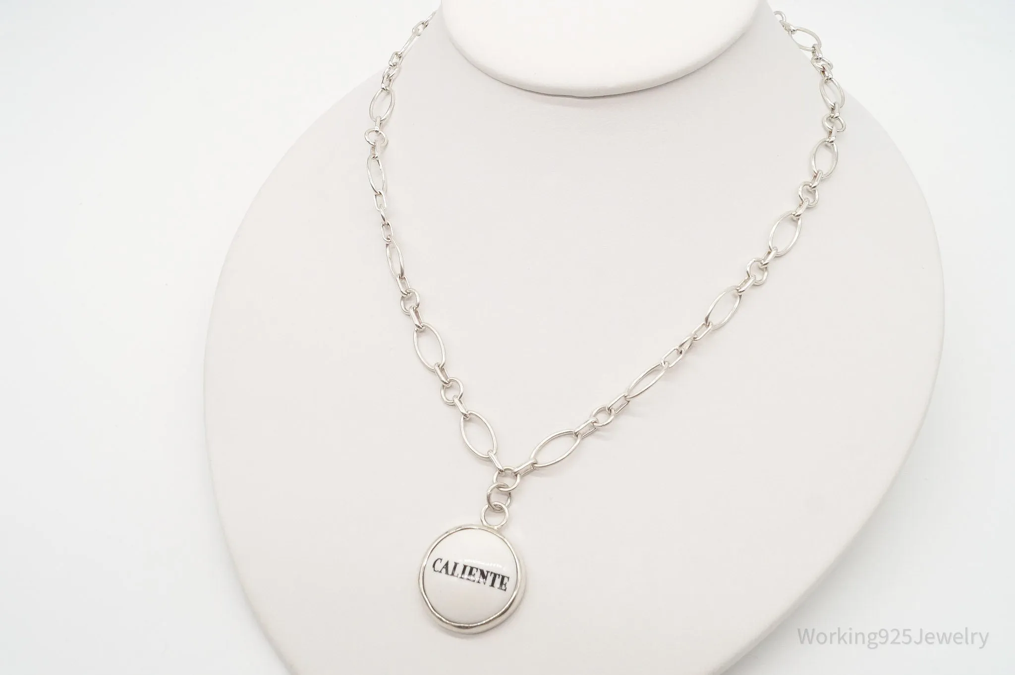 Vintage "Caliente" Porcelain Pendant Chainlink Sterling Silver Necklace