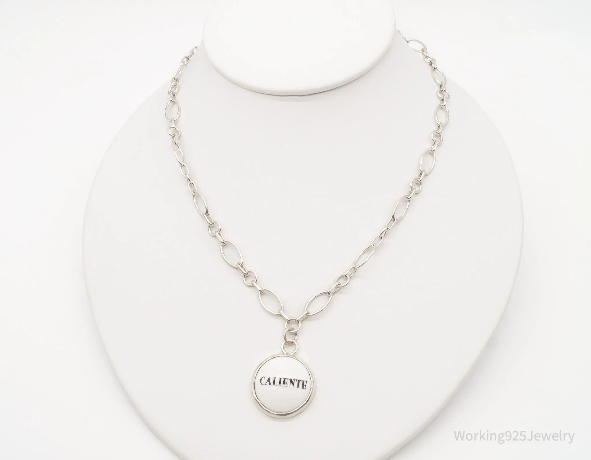 Vintage "Caliente" Porcelain Pendant Chainlink Sterling Silver Necklace