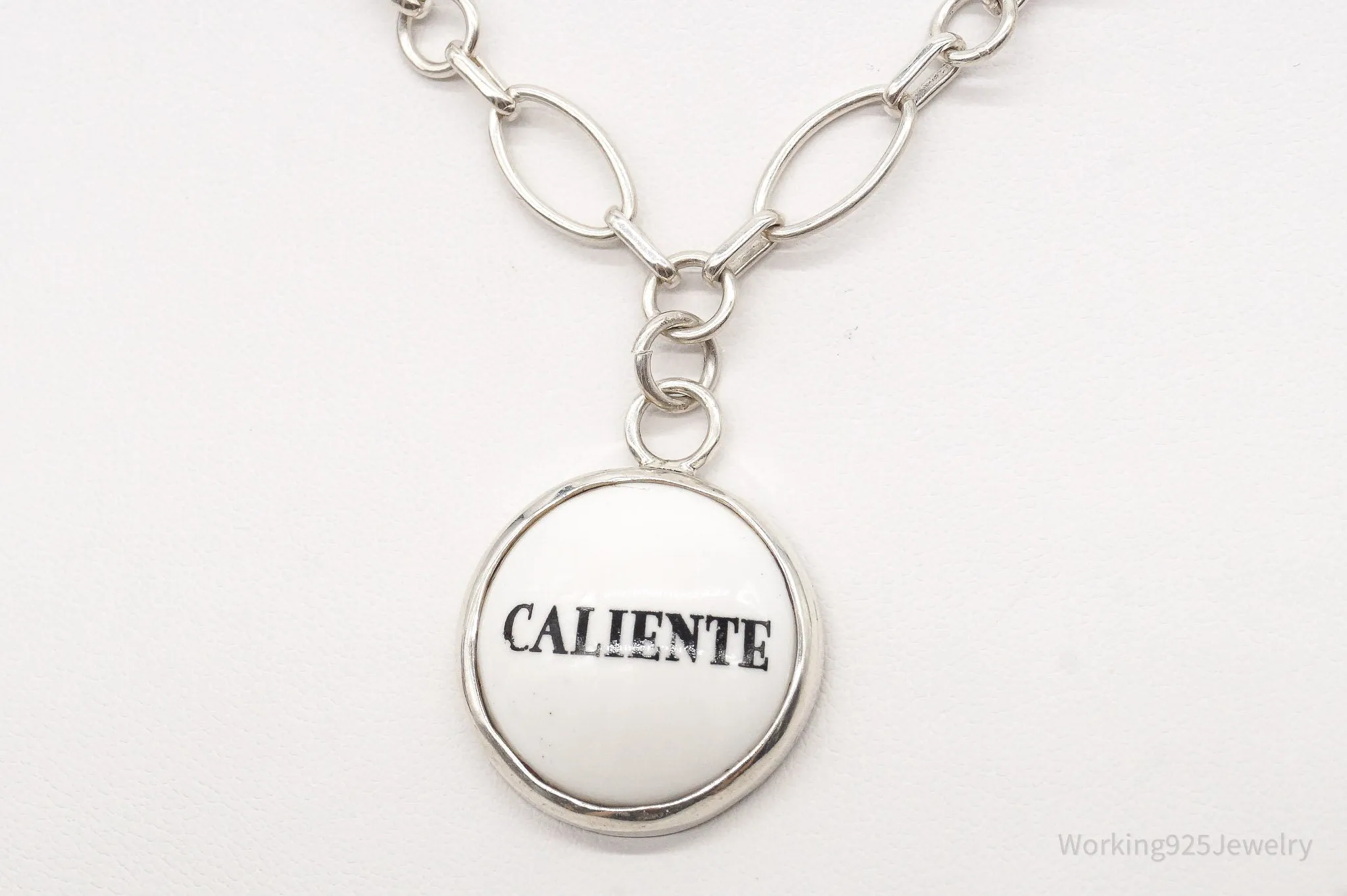 Vintage "Caliente" Porcelain Pendant Chainlink Sterling Silver Necklace