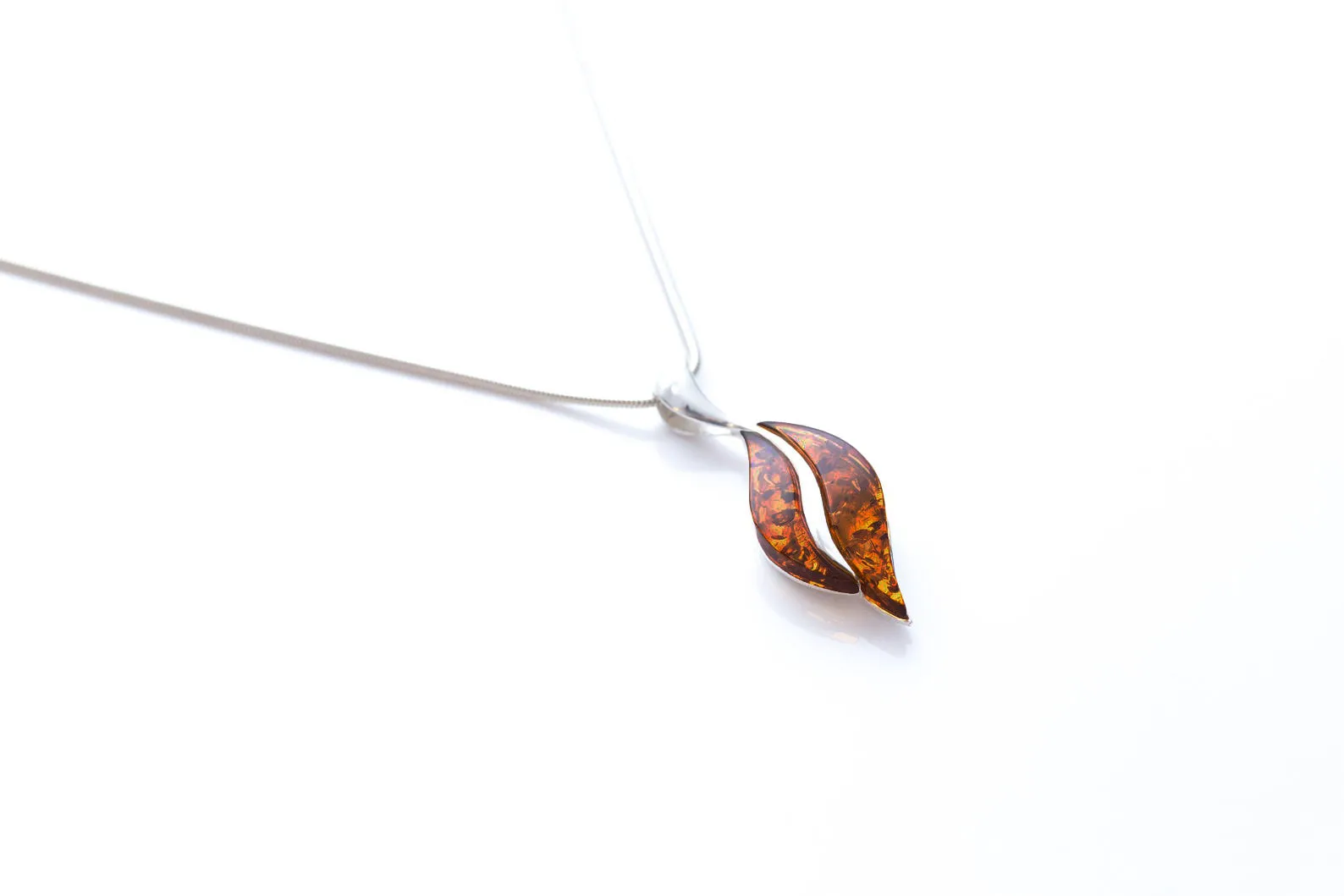 Wavy Amber Pendant - Medium Sterling Silver Jewelry with Cognac Amber - Elegant Everyday Wear