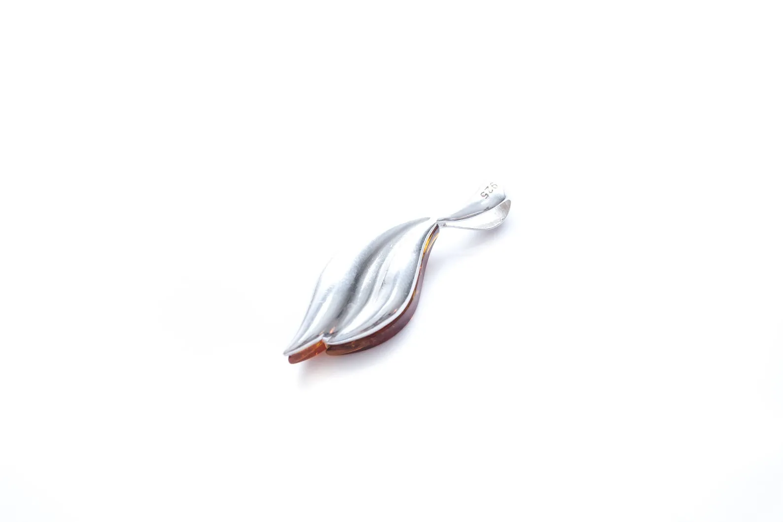 Wavy Amber Pendant - Medium Sterling Silver Jewelry with Cognac Amber - Elegant Everyday Wear